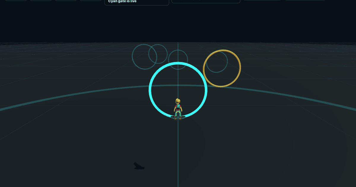 Mixed-Reality Hoverboard hero — VR Eddie inside a cyan target ring